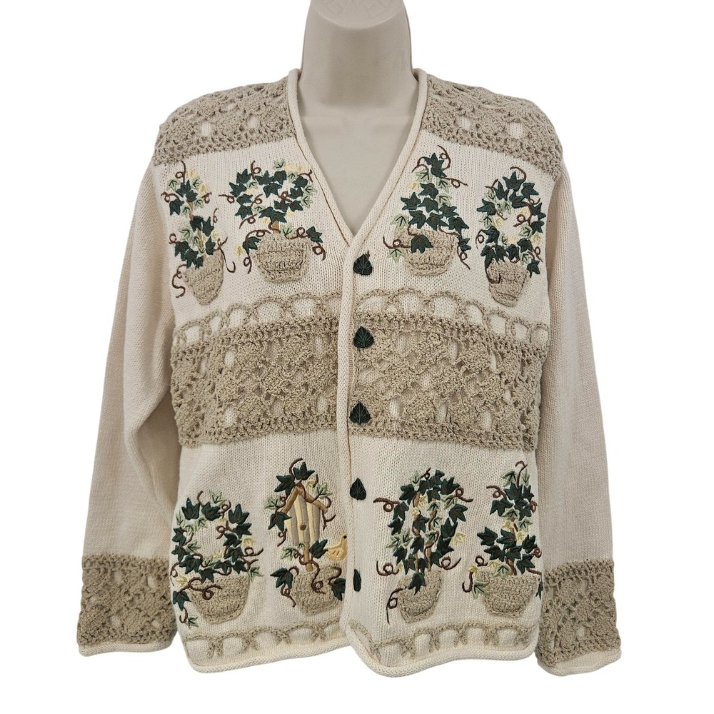 VTG BellePointe Grandma Sweater Women‎ S Cream Cardigan Ivy Birdhouse Vine 90s